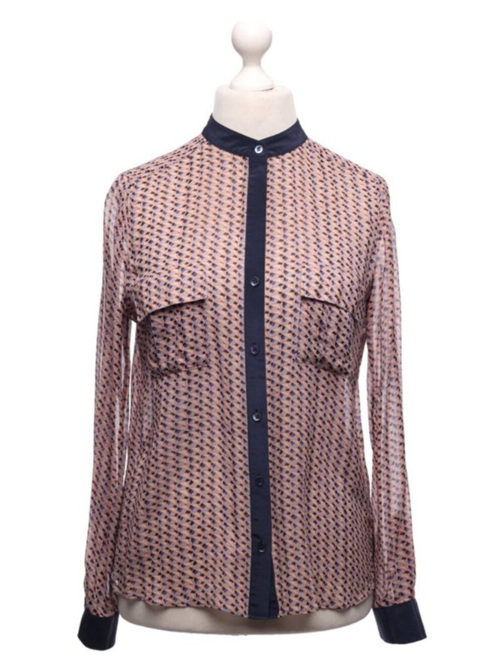 [BCBG Max Azria] Silk Print Blouse Navy Trim Size L